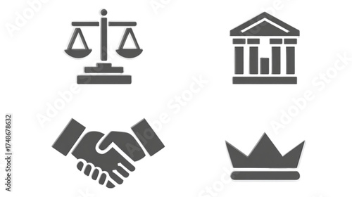 Set of four flat icons representing law justice and authority.