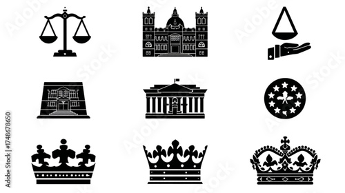 Set of black icons representing law justice and royalty.