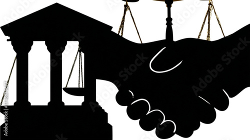 Silhouette of a legal agreement with courthouse and scales.