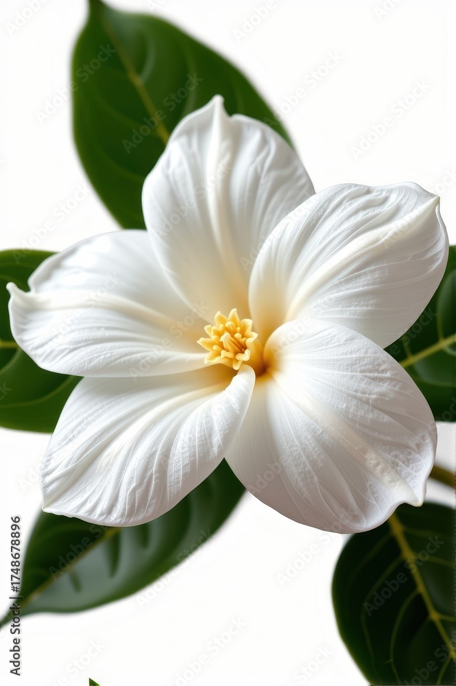 Fototapeta premium Close-up of a pristine white gardenia blossom isolated on a pure white background. Perfect for elegant designs and floral arrangements, blossom, fragrant