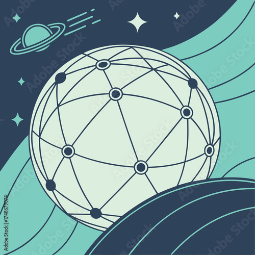 Abstract globe network with orbiting planet and stars