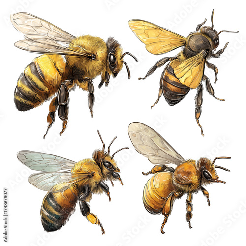 Set of four realistic honey bees illustrated in watercolor.