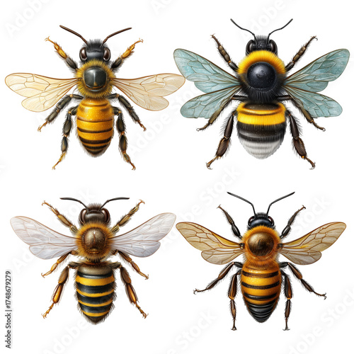 Collection of four detailed bee illustrations on a white background.