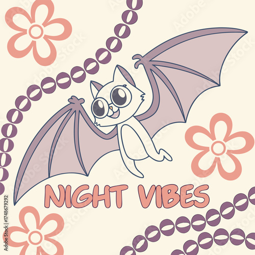 Adorable cartoon bat with flowers and bead garlands