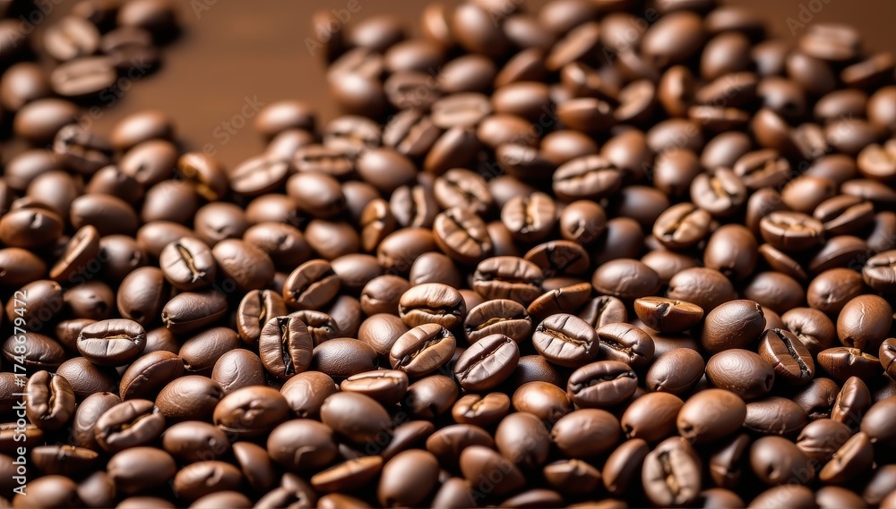 Obraz premium Rich brown background scattered with aromatic coffee beans, close-up view, scattered, aroma