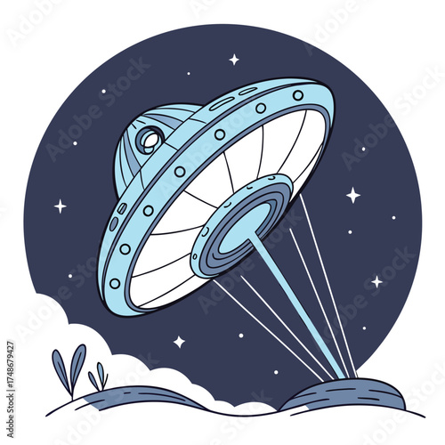 Alien spaceship landing on a stylized landscape with stars