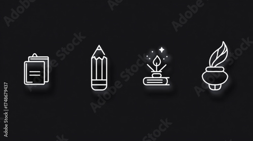 Set of glowing white line icons for writing and education.