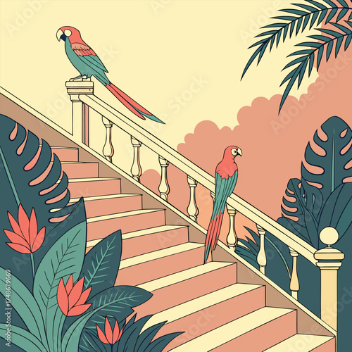 Art Deco Staircase with Parrots and Tropical Plants