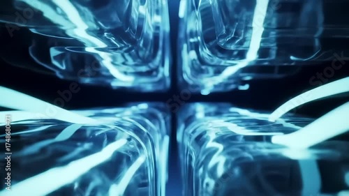 Dynamic blue energy flow streams through a dark futuristic abstract data network, depicting modern technological connections.