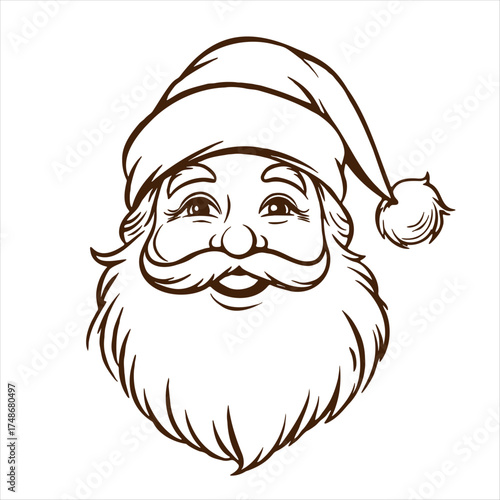 Vector illustration of Santa Claus face with smiling expression, traditional Christmas character wearing festive hat, vintage holiday design perfect for greeting cards, posters and decorations