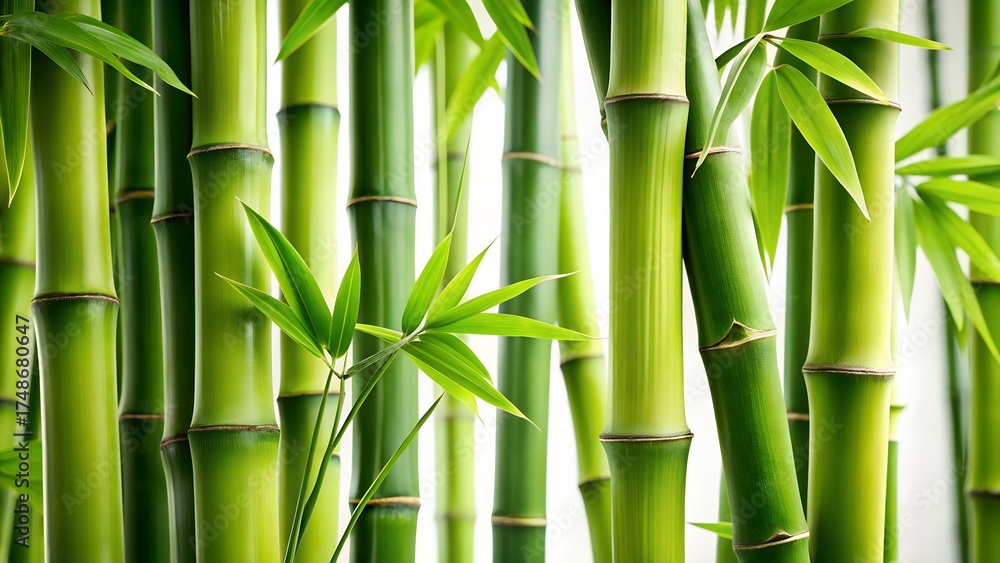 Obraz premium Lush green bamboo stalks and leaves create a serene and natural background, perfect for conveying tranquility, growth, and the beauty of nature