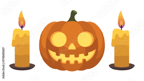 halloween jack o lantern pumpkin face with candle light isolated on transparent background