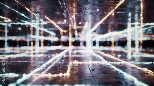 Abstract digital network featuring a futuristic cyberspace with glowing geometric lines reflecting on a dark surface, symbolizing global data flow and advanced connectivity.