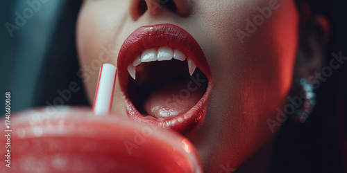 Close-up of vampire woman drinking red cocktail with fangs. Halloween concept with sensual and cinematic lighting