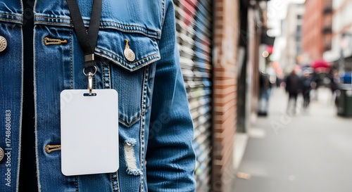 Close up of a white identification card on a black lanyard against a denim jacket. Perfect mockup for corporate events or personnel access, shot in a bright setting.