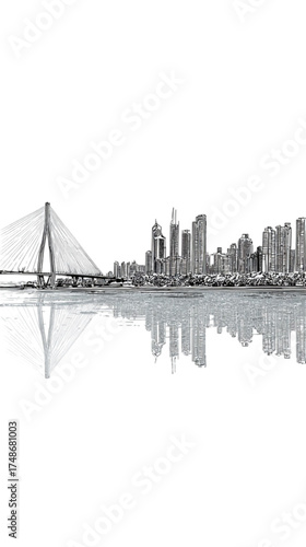 Monochrome sketch of a modern city skyline with its reflection.
