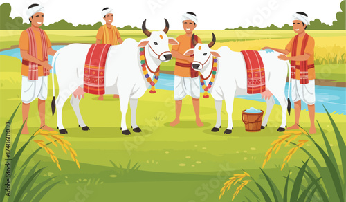 Indian farmers celebrating Mattu Pongal or Pola festival by bathing their sacred cows. A traditional rural scene of honoring farm cattle for the harvest celebration.