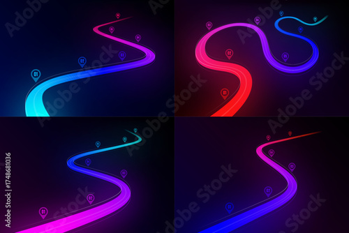 Abstract winding road infographic concept on a black background. Timeline template.