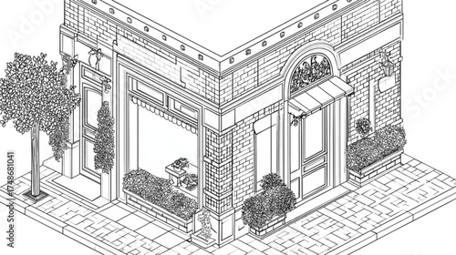 Isometric line drawing of a classic corner storefront building.