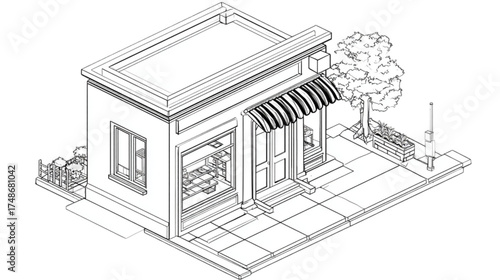 Isometric line art drawing of a small shop building.