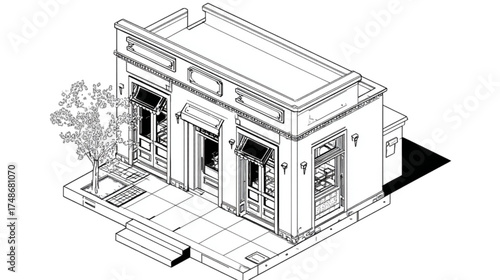 Isometric line drawing of a classic storefront building.