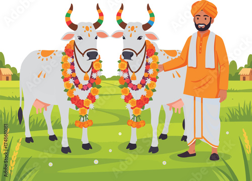 Happy Mattu Pongal festival scene of a traditional Indian farmer in a village with his sacred cows. The cattle are decorated with garlands for the harvest celebration.