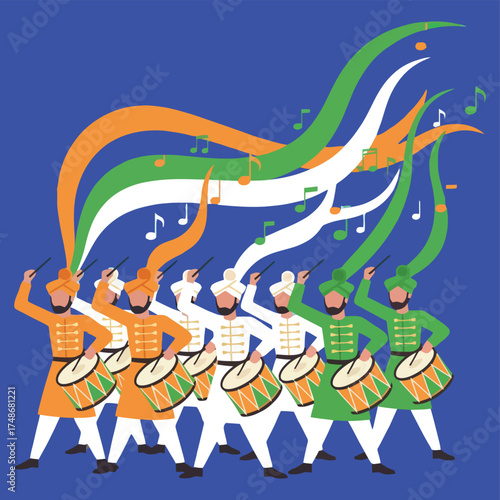A patriotic musical performance for India's Republic Day with a band of dhol drummers wearing tricolor uniforms. A folk music celebration for Independence Day.