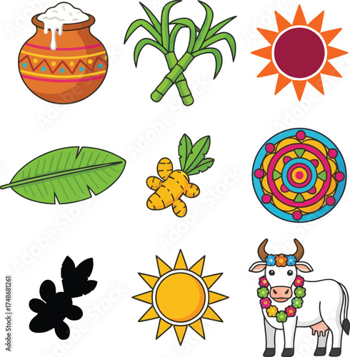 A cute cartoon icon set for the South Indian Happy Pongal harvest festival celebration. Elements include a pot, sugarcane, cow, sun, kolam and turmeric.