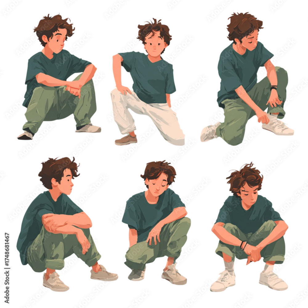 Naklejka premium Set of illustrations of a young man in various crouching poses.
