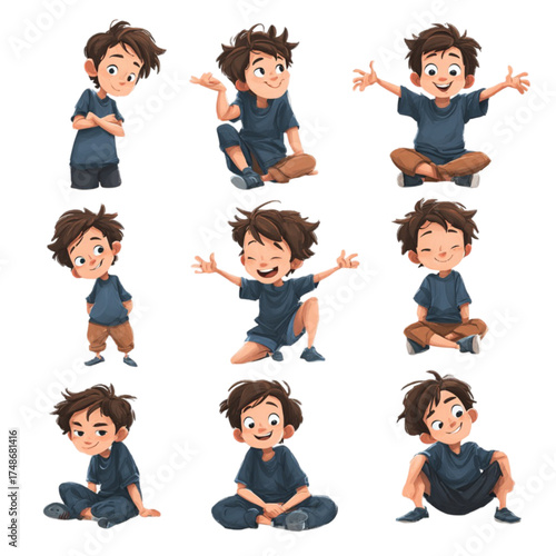 Cartoon boy character set with various poses and emotions.