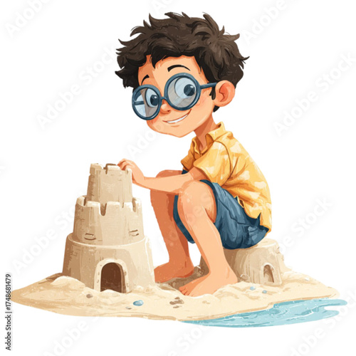 Cartoon boy with glasses happily building a sandcastle.