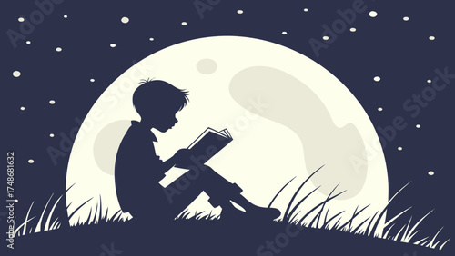 Child Reading Under Moonlight, Nighttime Serenity, Starry Sky, Illustration, Peaceful Environment, Silhouette View, Imagination Unleashed