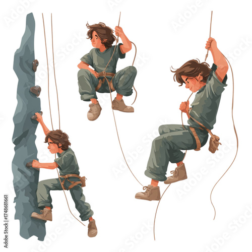 Set of three illustrations of a young boy rock climbing and rappelling.