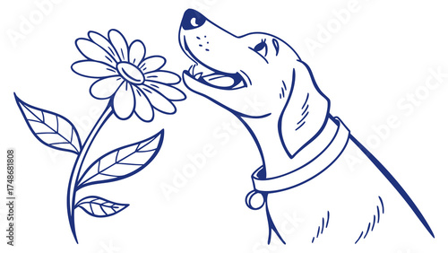 Charming Dog Sniffing Flower in Nature Scene - Artistic Illustration of Animal and Plant Harmony