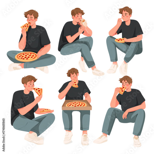 Set of illustrations of a young man eating pizza in different poses.
