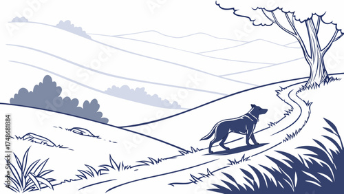 Hiker and Dog on Mountain Trail, Nature Illustration, Scenic View, Joyful Journey