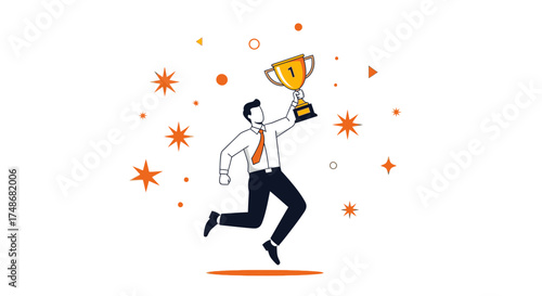 Victorious Achievement Concept Depicted by Smiling Businessman Holding Up a Trophy