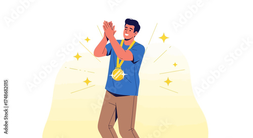 Victorious Athlete Celebrates Accomplishment After Winning a Golden Medal and Shining Lights Around