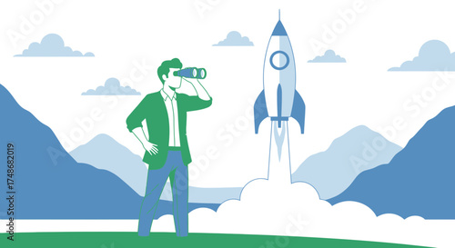 Visionary Observing Rocket Launch, Symbolizing Innovation, Success, Dreams, and Future Goals