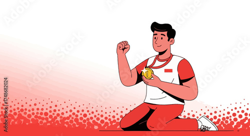 Victorious Athlete Celebrates Victory Holding a Golden Medal for Winning the Competition