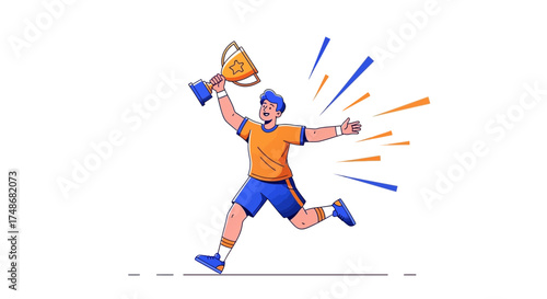 Victorious Athlete Holding Trophy Celebrating Success, Achieving Goals, Competition Winner