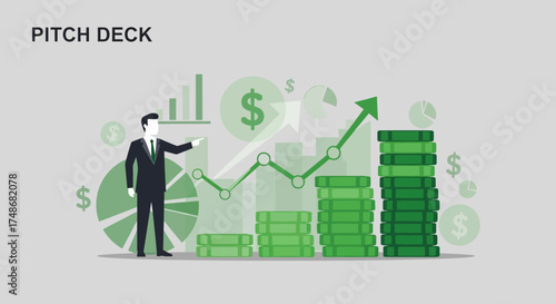 Visual representation of a business pitch deck with a financial growth chart and a businessman
