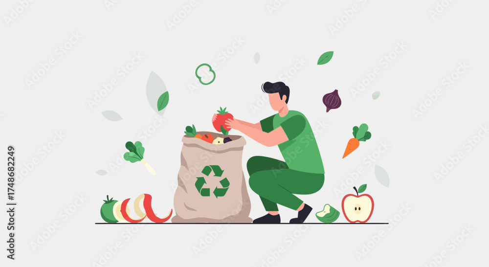 Naklejka premium Volunteer Sorting Food Waste Vegetables into Recycling Bio Bag for Sustainability