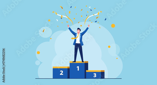 Victorious Businessman Celebrating His Success Standing On A Podium Amidst Confetti