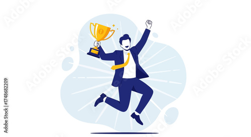 Victorious Businessman Celebrating Success And Achievement Holding Trophy With Joyful Expression