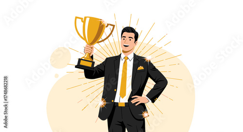 Victorious Businessman Celebrating Success Holding Trophy and Achieving Aspiration Goals