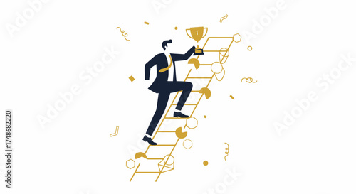 Victorious Businessman Climbing Ladder Toward Success with Golden Trophy Celebration