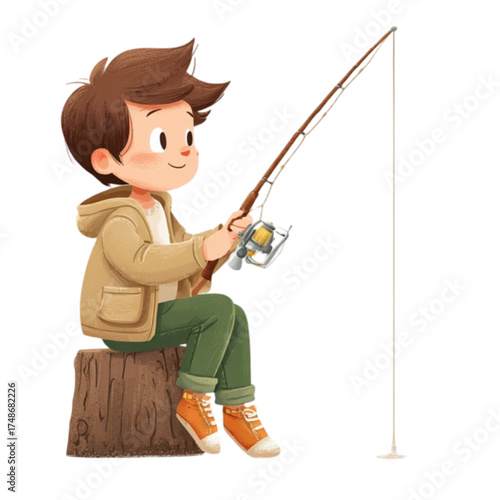 Cute cartoon boy sitting on a tree stump while fishing.