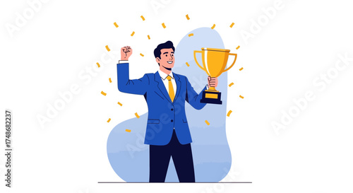 Victorious Businessman Holding A Golden Trophy Celebrating Success And Achievement