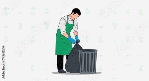 Volunteer Cleaning Up Trash in a Green Apron, Ready to Dispose of Waste Efficiently